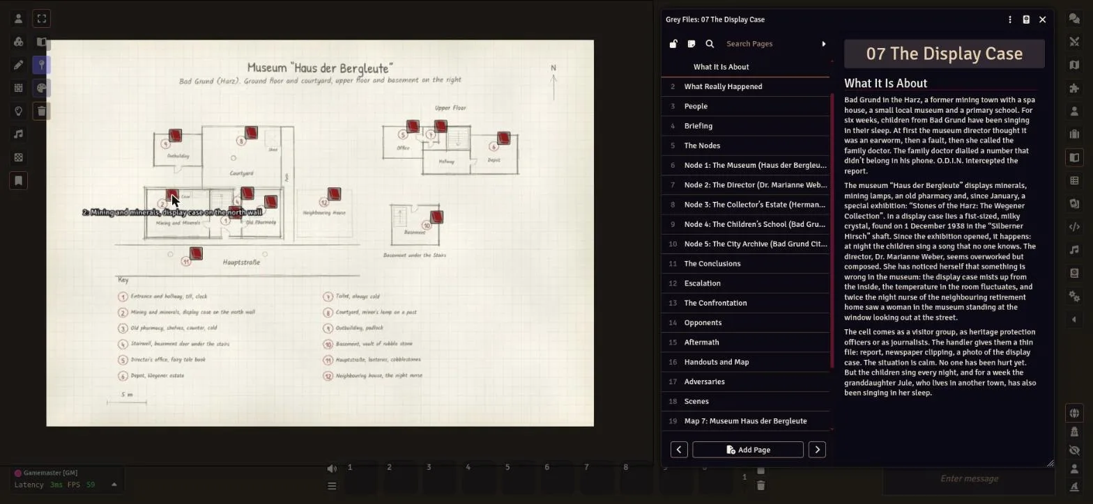 Foundry VTT: Grey Files Map 7 as a scene with notes, the file’s journal alongside